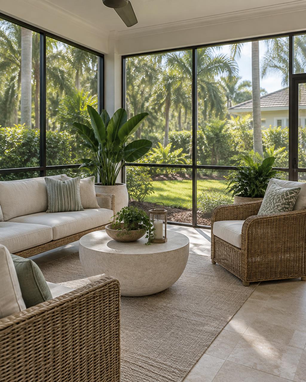Comfortable covered lanai seating beside screened garden views