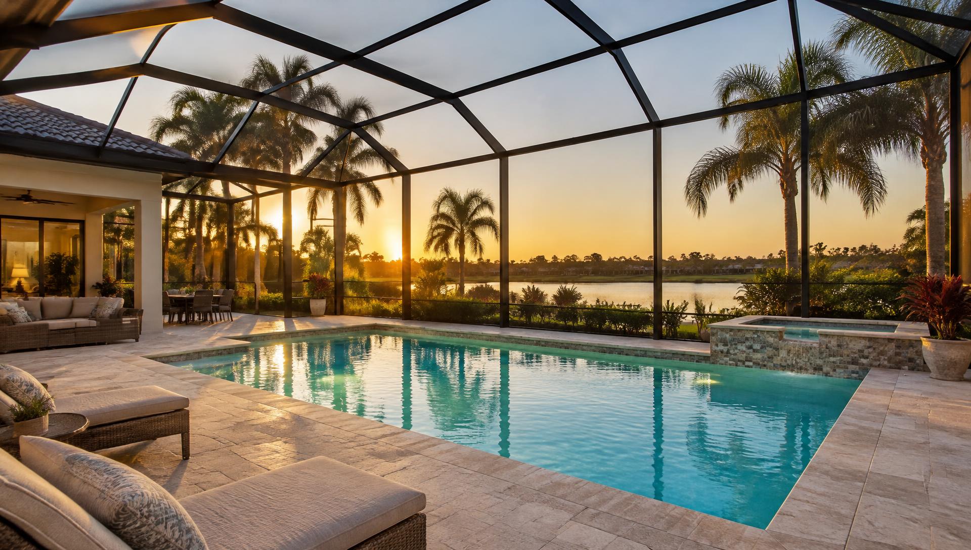 Screened pool enclosure beside a Florida home at sunset