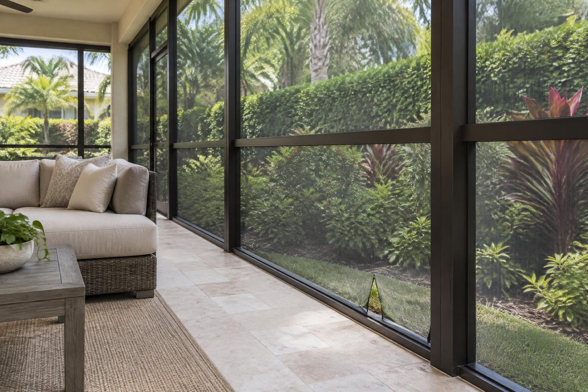 Covered lanai seating beside mesh with a small opening near its lower edge