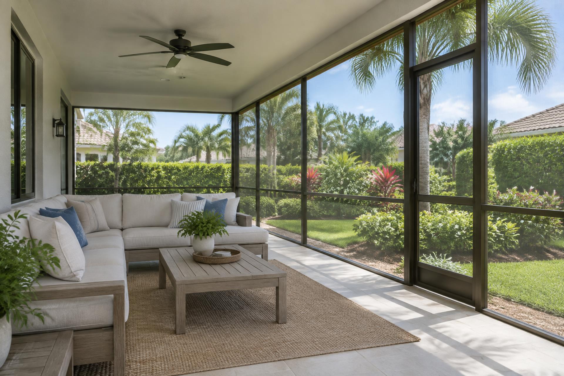 Covered screened lanai with neutral seating and garden views