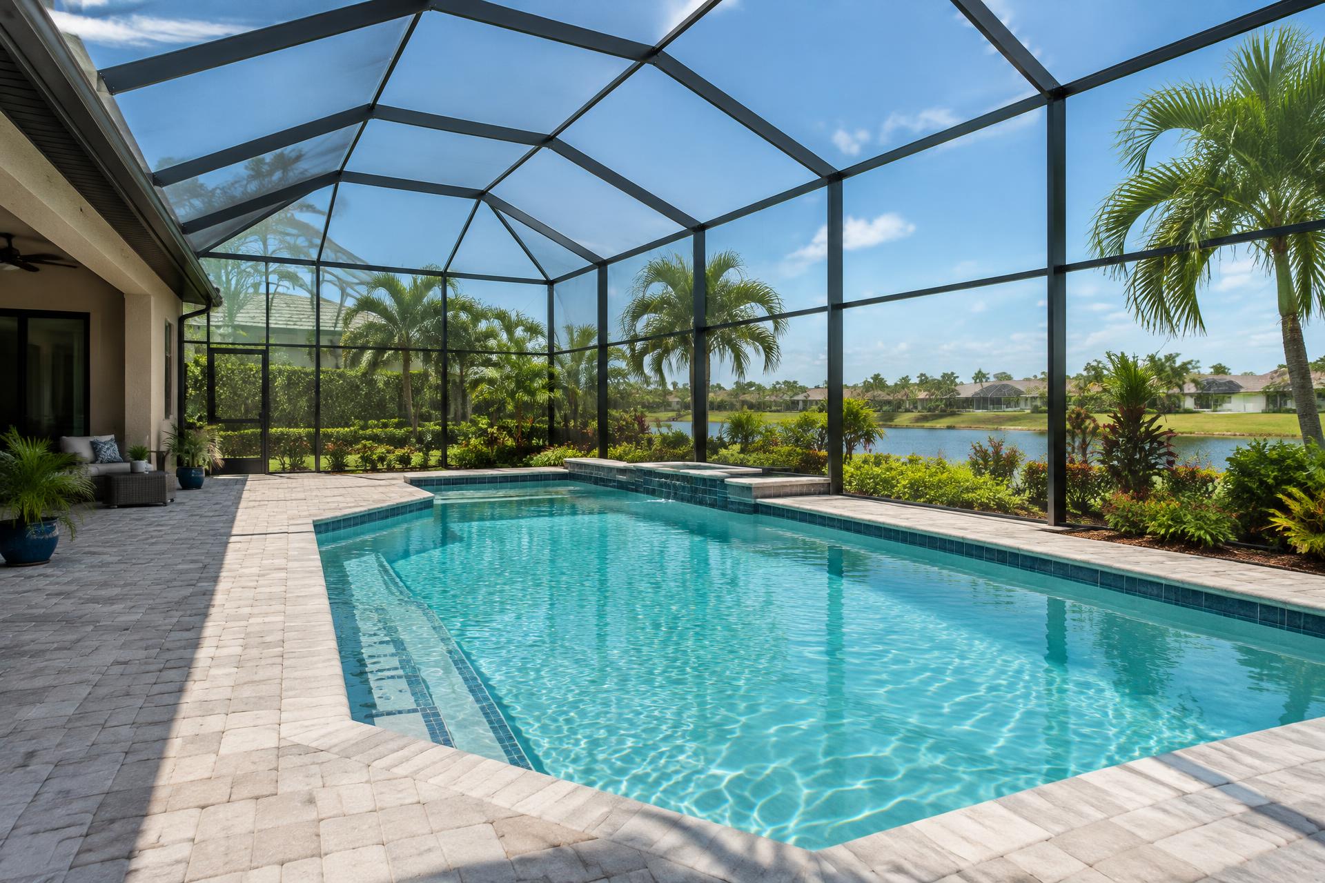 Swimming pool and pale deck inside a dark framed screen enclosure