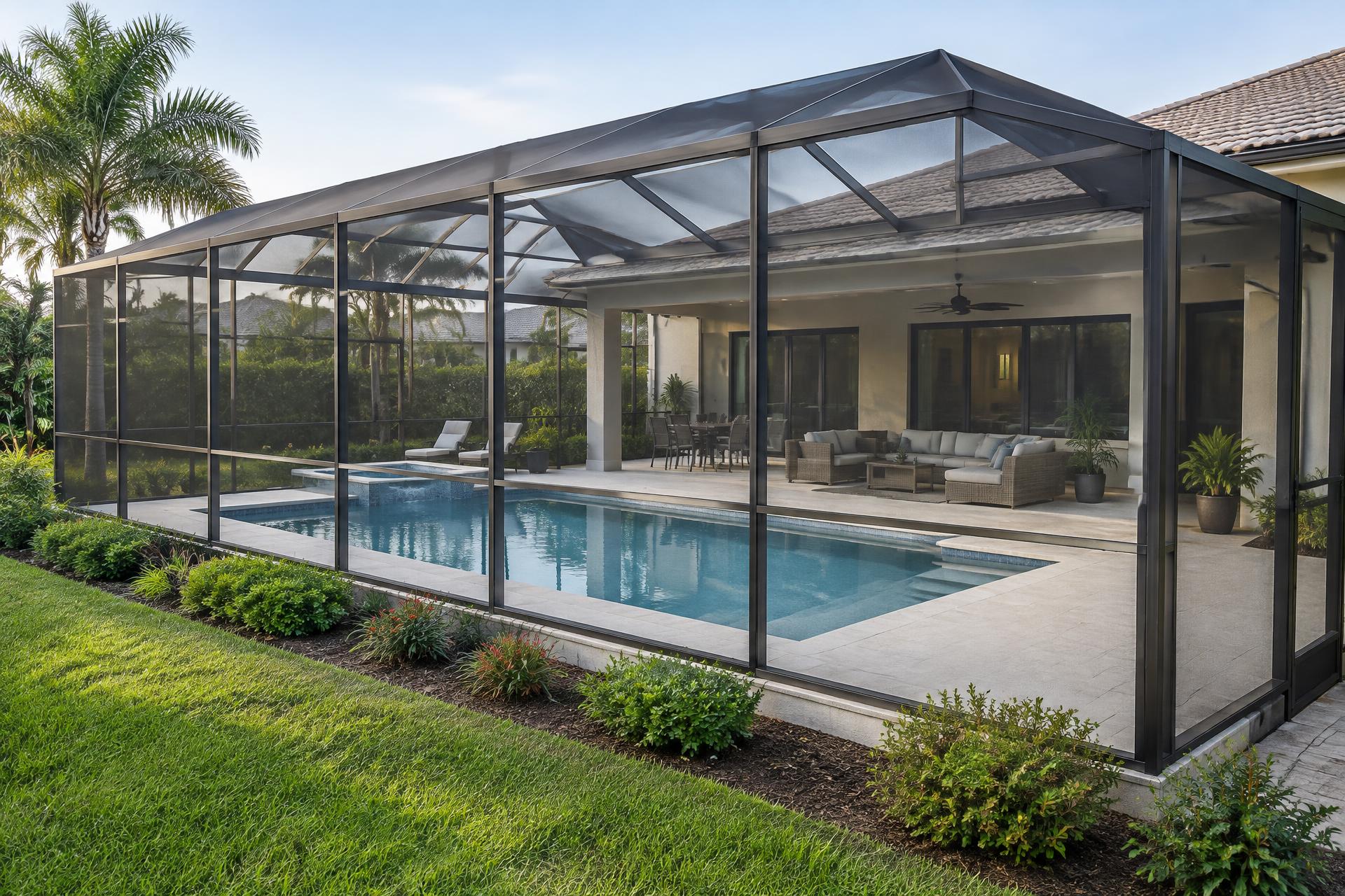 Existing screened enclosure surrounding a pool and roofed sitting area